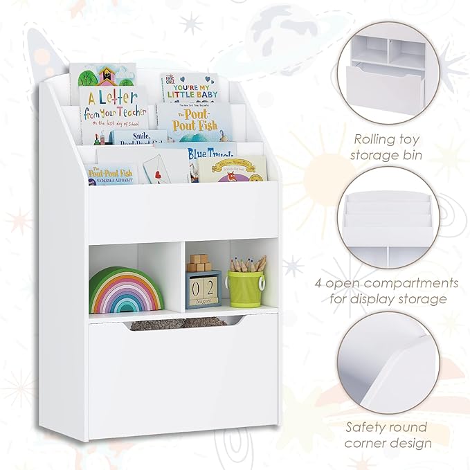 UTEX Bookshelf for Kids, Wooden Book Display, Kids Bookshelf and Toy Storage, Children Book Rack Bookcase Toybox Combo for Bedroom & Nursery, White - LeafyLoom