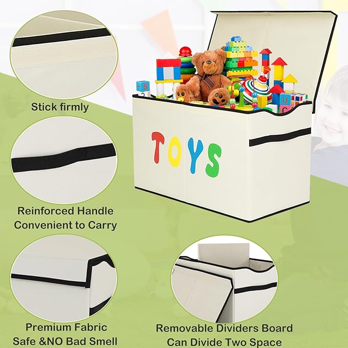 Toy Box Chest, Collapsible Sturdy Storage Bins with Lids, Extra Large Kids Toy Storage Organizer Boxes Bins Baskets for Kids, Boys, Girls, Nursery Room, Playroom, Closet (New Beige) - LeafyLoom