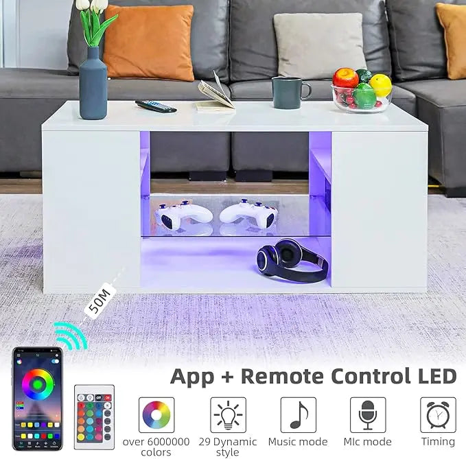 HOMMPA LED Coffee Tables for Living Room Modern White Coffee Table with 3 Shelves Open Glass Storage High Glossy Center Table Sofa Cocktail Table with 16 Colors LED Lights for Home Furniture White - LeafyLoom