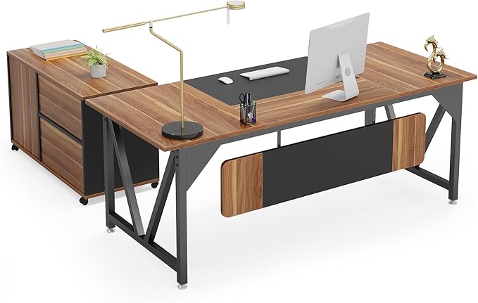 70.8" Executive Desk with 35.4" File Cabinet, L-Shaped Computer Desk, Wood Office Desk for Home Office - LeafyLoom