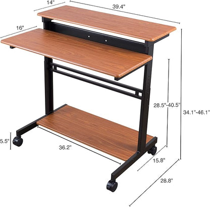 Stand Up Desk Store Rolling Adjustable Height Two Tier Standing Desk Computer Workstation (Black Frame/Teak Top, 40" Wide) - LeafyLoom