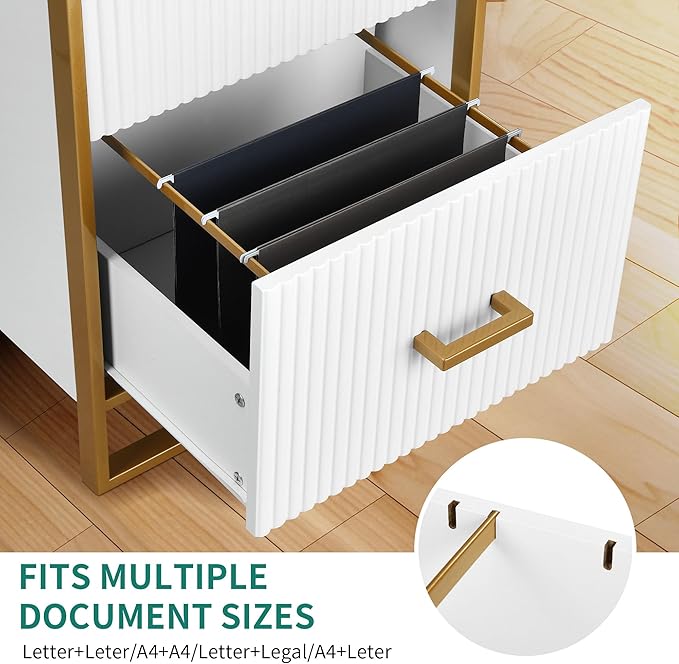 YITAHOME 2 Drawer File Cabinet, Lateral Filing Cabinet for Home Office, White and Gold - LeafyLoom