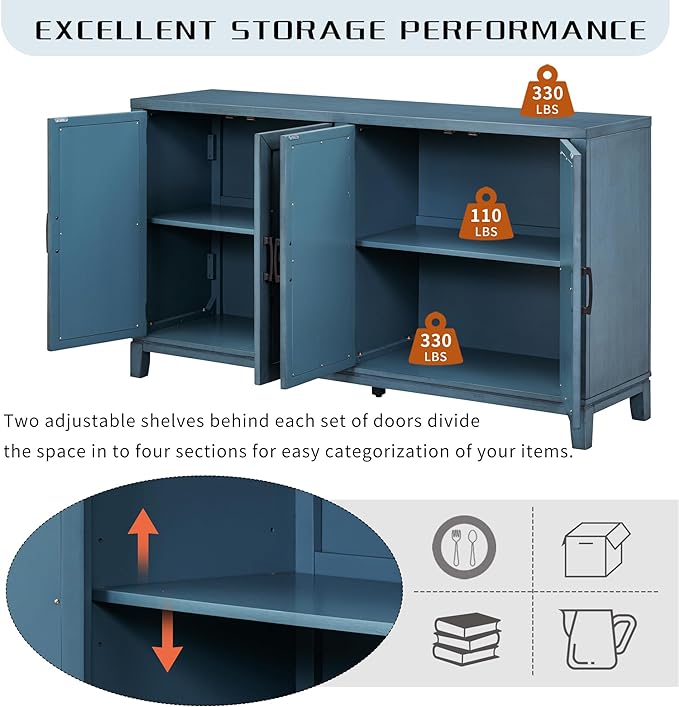 60" Retro Mirrored Buffet Sideboard with Metal Pulls,Accent Farmhouse-Style Wooden Storage Cabinet,W/ 4-Door,for Hallway,Entryway,Bedroom and Living Room,Navy - LeafyLoom