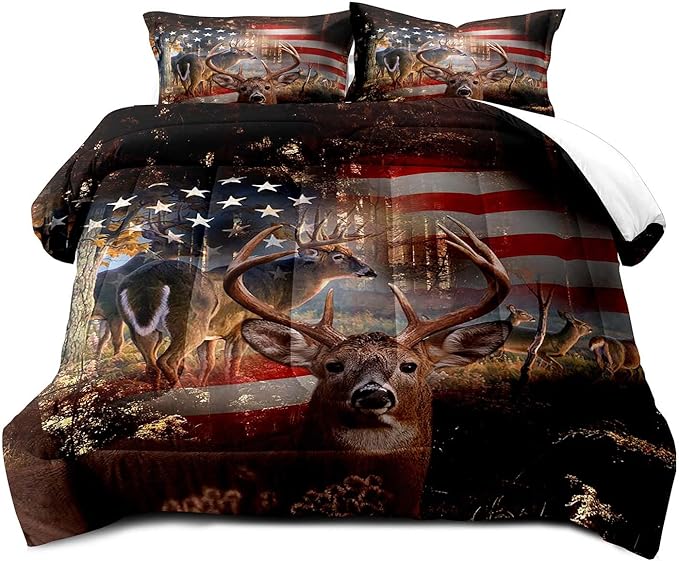 LUVIVIHOME 3PCS Camo Hunting Comforter Set, Deer Comforter King Size, Patriotic American Flag Hunter Woodland Forest Animal Elk Moose Wildlife Cabin Lodge Country Rustic Bedding Quilt, 2 Pillow Shams - LeafyLoom