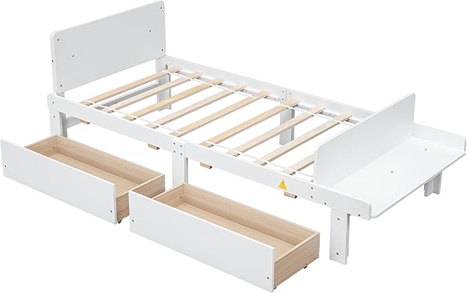 Twin Bed with 2 Drawers,Storage Platform Bed with Footboard Beach and Headboard,Pine Wood Twin Size Bed Frame High Stable for Kids,Boys,Girls,Teens, No Box Spring Needed,White - LeafyLoom