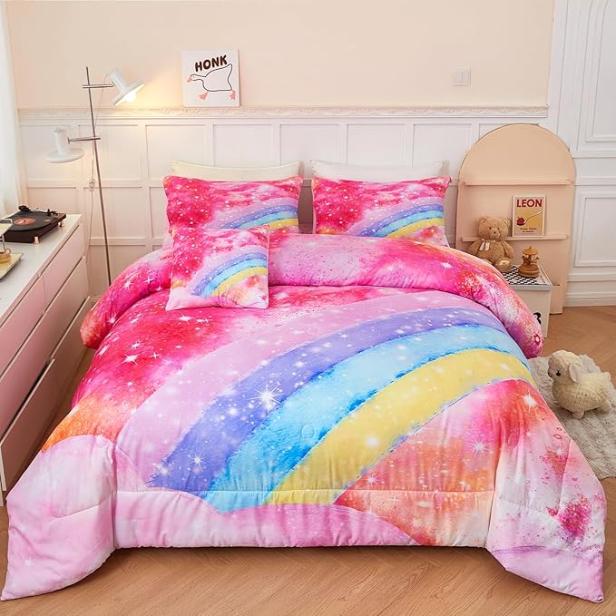 Rainbow Twin Size Comforter Set for Girls 6 Pieces Sparkle Tie Dye Pink Girls Bedding Comforter Sets Galaxy Kids Bed Comforter Sets Gradient Glitter Soft Bed in A Bag with Sheets - LeafyLoom