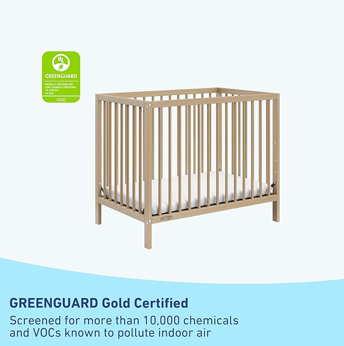 Graco Teddi 4-in-1 Convertible Mini Crib with Bonus Water-Resistant Mattress (Driftwood) – GREENGUARD Gold Certified, 2.75-Inch Mattress Included, Convenient Size, Easy 30-Minute Assembly - LeafyLoom