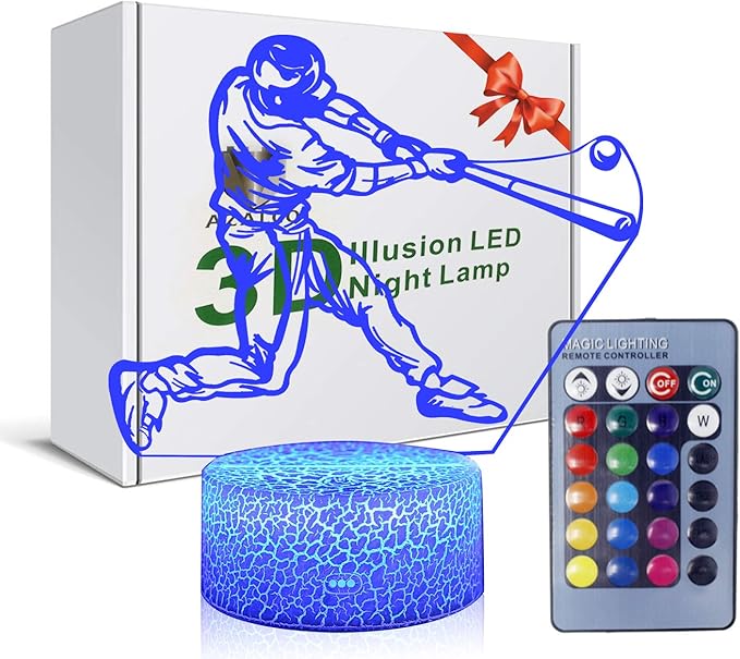 Teenager christmas gifts xmas gift 3D Illusion Playing Baseball Night Light Lamp 16 Color Change Touch White Crack Base remote control Birthday Present Boys Girls Baseball lover - LeafyLoom