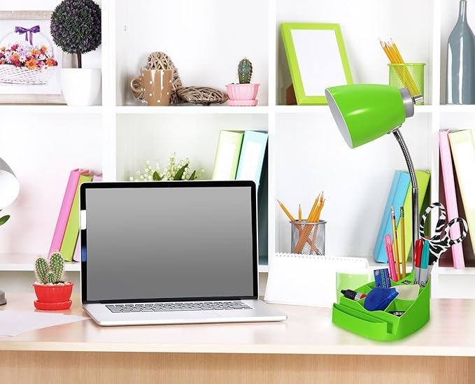 Simple Designs LD1056-GRN Gooseneck Organizer Desk Lamp with iPad/Tablet Stand or Book Holder and USB Port, Green - LeafyLoom