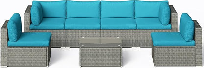 SUNVIVI OUTDOOR 7 Piece Patio Furniture Sets All Weather Grey PE Wicker Couch Sofa with Glass Table, Removable Blue Cushions - LeafyLoom