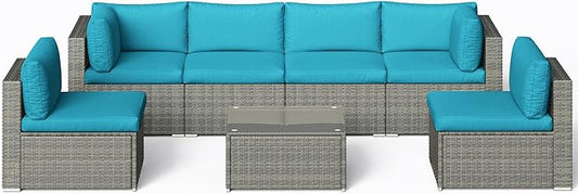 SUNVIVI OUTDOOR 7 Piece Patio Furniture Sets All Weather Grey PE Wicker Couch Sofa with Glass Table, Removable Blue Cushions - LeafyLoom