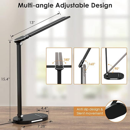 Double Head LED Desk Lamp with USB Charging - 5 Color Modes, Memory Function - Ideal for Home Office Desk Lamp, Multi-Angle Adjustable and Foldable Design Table Lamp- Black - LeafyLoom