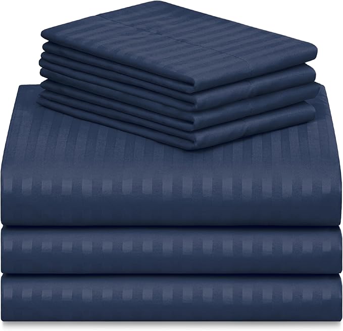 LuxClub 7 PC Split King Size Sheet Set Bed Sheets, Breathable Luxury Bed Sheets, Deep Pockets 18" Wrinkle Free Cooling Bed Sheets Machine Washable Hotel Bedding (Split King, Striped Navy) - LeafyLoom