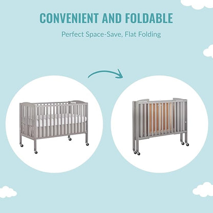 Folding Full Size Convenience Crib In Storm Grey, Two Adjustable Mattress Height Positions, Comes With Heavy Duty Locking Wheels, Flat Folding - LeafyLoom