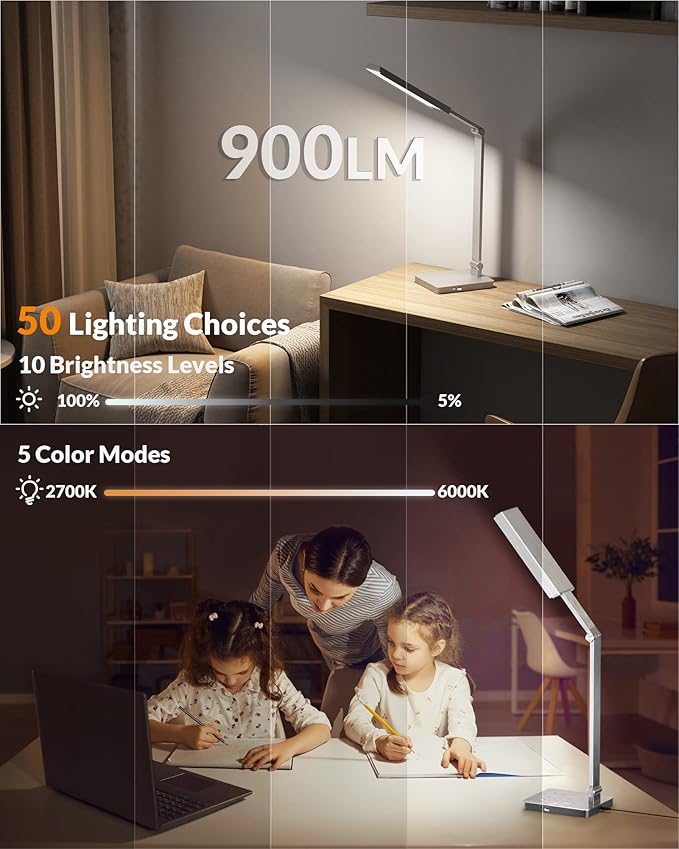 LEPOWER Bright LED Desk Lamp - 900LM 24W Touch Control Desk Light with Dual USB Charging Ports, Eye-Caring Table Light with 50 Dimmable Lighting Modes & 3 Modes Timer for Home, Office, Study, Dorm - LeafyLoom