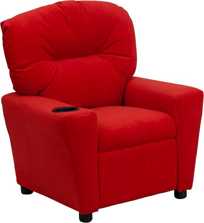 Flash Furniture Chandler Microfiber Kids Recliner with Cup Holder and Safety Recline, Contemporary Reclining Chair for Kids, Supports up to 90 lbs., Red - LeafyLoom