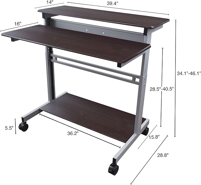 Stand Up Desk Store Rolling Adjustable Height Two Tier Standing Desk Computer Workstation (Silver Frame/Dark Walnut Top, 40" Wide) - LeafyLoom