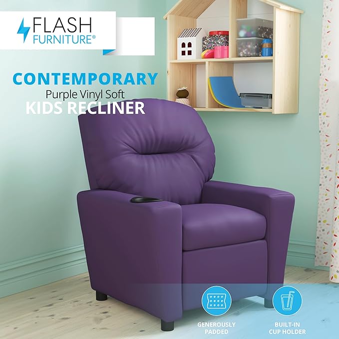 Flash Furniture Chandler Vinyl Kids Recliner with Cup Holder and Safety Recline, Contemporary Reclining Chair for Kids, Supports up to 90 lbs., Purple - LeafyLoom