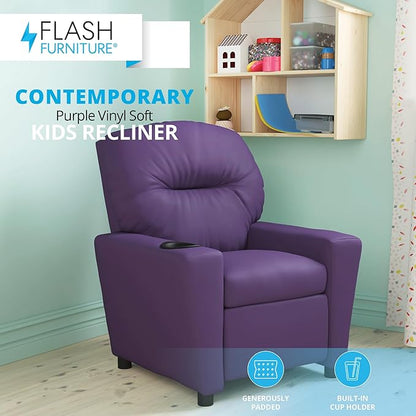 Flash Furniture Chandler Vinyl Kids Recliner with Cup Holder and Safety Recline, Contemporary Reclining Chair for Kids, Supports up to 90 lbs., Purple - LeafyLoom