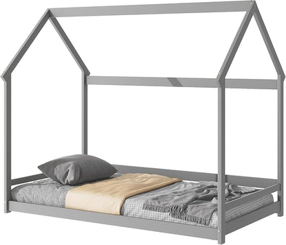 Twin Size Wood House Bed,Wood Platform Bed with Storage Shelves and Hanger,Floor Twin Size Montessori Bed Frame, Kids Boys Girls Bedroom,Living Room,No Box Spring Required,Grey - LeafyLoom