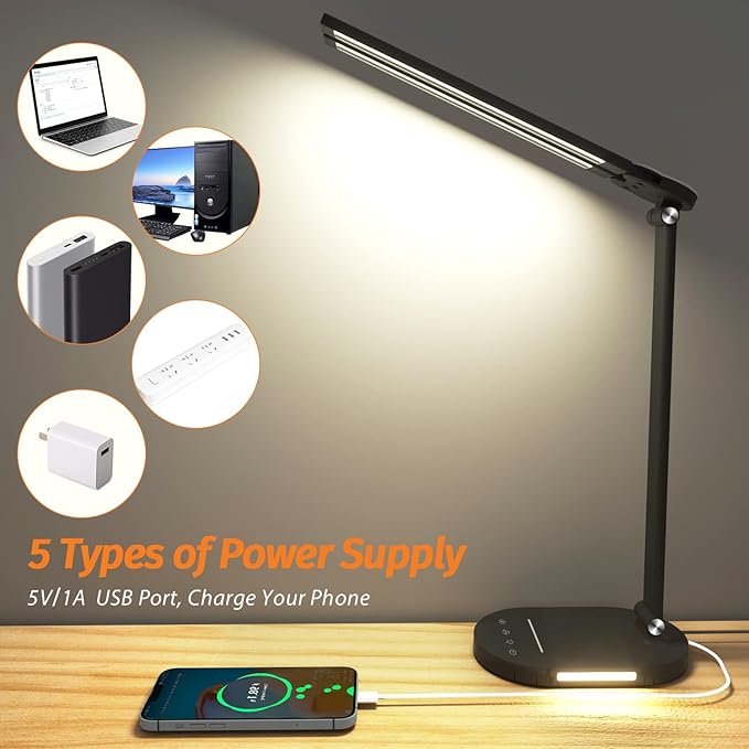 LED Desk Lamps for Home Office, Dual Swing Arm Desk Light, Dimmable Desk Lamp with USB Charging Port, Office Lamp with Night Light, 1H Timer, 5 Color Modes 5 Brightness Levels, Eye-Caring Table Lamp - LeafyLoom