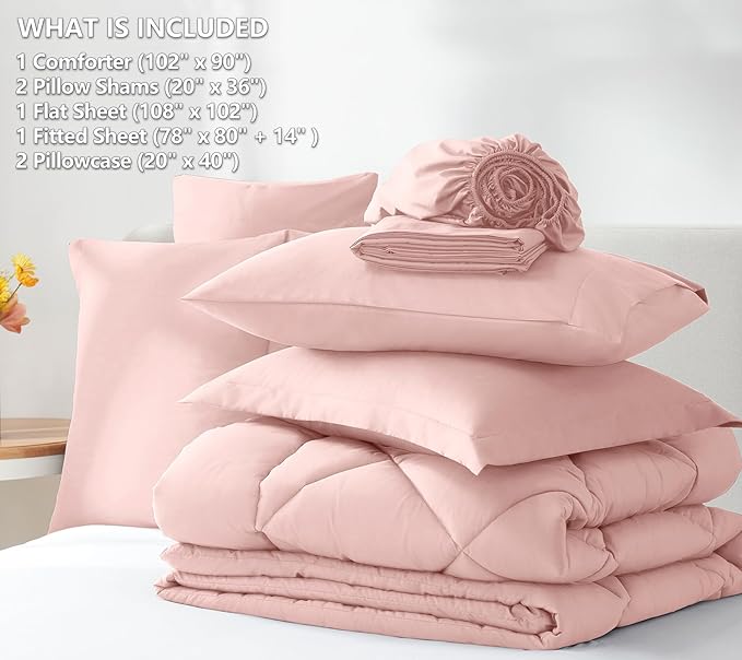 CozyLux King Comforter Set with Sheets 7 Pieces Bed in a Bag Pink All Season Bedding Sets with Comforter, Pillow Shams, Flat Sheet, Fitted Sheet and Pillowcases - LeafyLoom