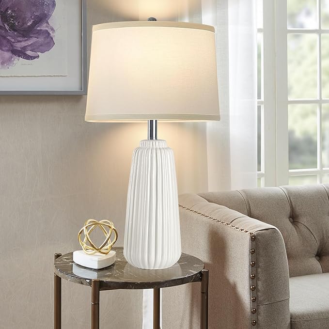 Ceramic Table Lamps Set of 2, 25Inch Modern White Table Lamps for Bedroom Living Room with 3 Color Temperature - 3000K/4000K/6000K, Coastal Lamps for Nightstand Bedside with 2 LED Bulbs, 9W - LeafyLoom