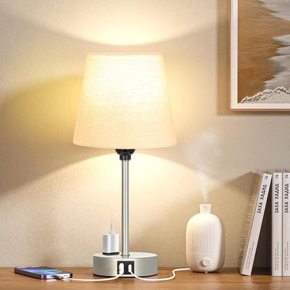 Table Lamps for Bedrooms Set of 2 Bedside - Nightstand Bedroom Lamp with USB C Port and AC Outlet Charging, Dimmable Touch Small End Side Lamp, Beige Night Stand Light for Kid/Guest Room/Living Room - LeafyLoom