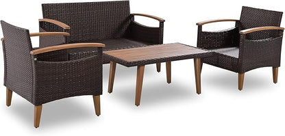 Merax Patio Furniture Sets 4 Pieces, All Weather Outdoor PE Rattan Sofa with Wood Table and Legs, for Lawn, Backyard, Poolside or Garden, Blue - LeafyLoom