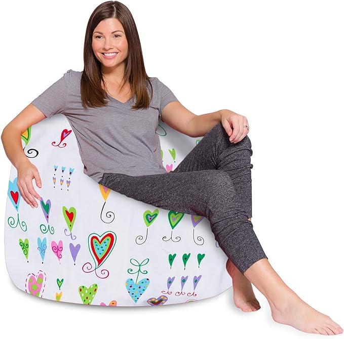 Posh Creations Bean Bag Chair for Kids, Teens, and Adults Includes Removable and Machine Washable Cover, Canvas Multi-Colored Hearts on White, 48in - X-Large - LeafyLoom