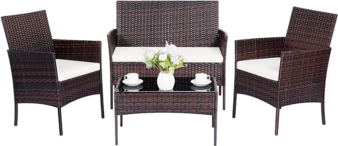 Patio Furniture Set,4 Piece Garden Conversation Set, Outdoor Wicker Rattan Table and Chairs, Black Patio Set, Sectional Sofa with Thick Cushion for Garden, Yard, or Porch (Brown/Beige) - LeafyLoom