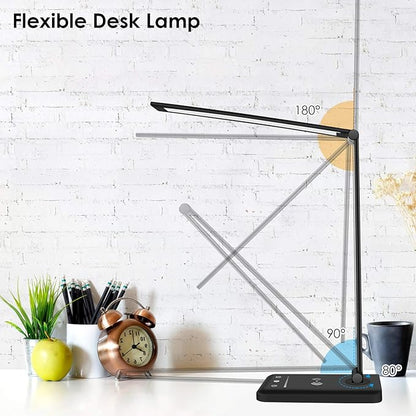 LED Desk Lamp with Wireless Charger, Dimmable Office Lamp with USB Charging Port, Eye- Caring Desk Lamps, Bright with 5 Lighting Modes, Touch Control Auto Timer - LeafyLoom