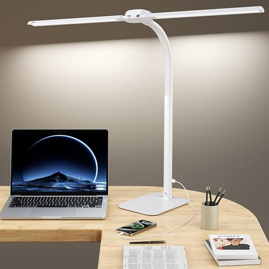 Desk Lamp with USB Charging Port for Home Office 24w Architect Remote Base Dual Task Led Light Modern 5 Color Modes Dimmable Adjustable Gooseneck Double Head Reading Drafting Eye Caring Tall Lamps - LeafyLoom