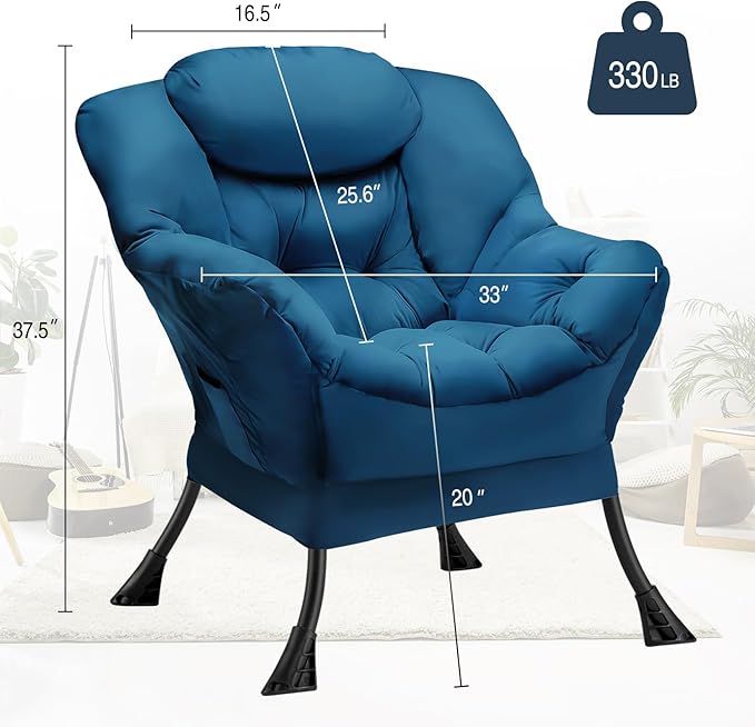 Fabric Lazy Chair Large Accent Chair,Velvet Frabic Modern Lounge Reading Chair with Armrests & Side Pocket,Upholstered Armchair for Living Room,Bedroom,Dorm,Blue - LeafyLoom