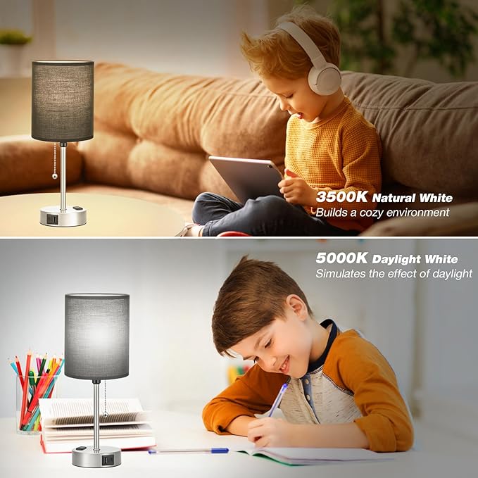 Dicoool Black Table Lamp for Bedroom - 3 Color Temperature Bedside Lamp with USB C and A Ports, Pull Chain Lamp for Bedroom with AC Outlet, Nightstand Lamp with Silver Metal Base for Kids Boys - LeafyLoom