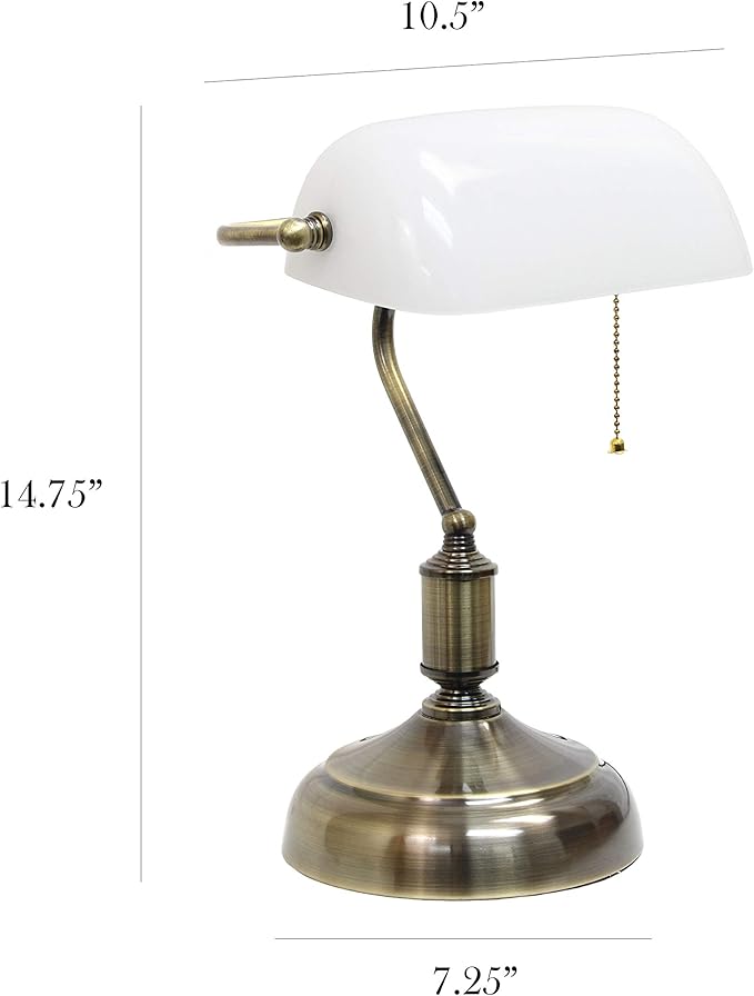 Simple Designs LT3216-WHT Executive Banker's Desk Lamp with Glass Shade, White, Antique Nickel/White, 10 x 8.66 x 14.75 - LeafyLoom