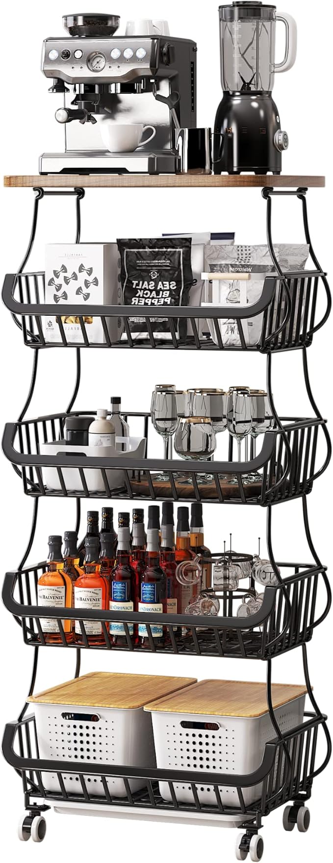 Wisdom Star 5 Tier Fruit Vegetable Basket for Kitchen with Wooden Tabletop, Storage Cart Vegetable Basket Bins for Onions and Potatoes, Wire Storage Basket Organizer Utility Cart with Wheels, Black - LeafyLoom