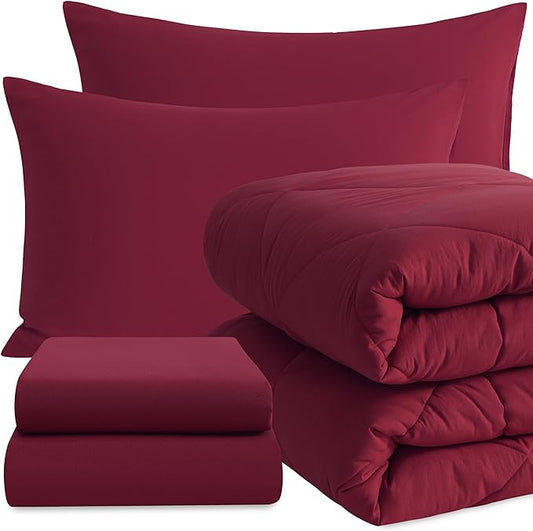 NTBAY Twin Comforter Set with Sheets, 5 Pieces Soft and Breathable Twin Bedding Set, Twin Bed in a Bag, Down Alternative Comforter Set Solid Color All Season, Kids Bedding Set, Wine Red - LeafyLoom