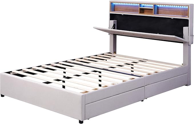 Full Size Bed Frame with LED Headboard, USB Charging, Upholstered Platform Bed with Storage Drawers and Headboard, No Box Spring Needed, Beige - LeafyLoom