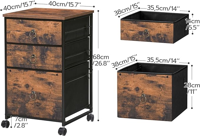 HOOBRO 3-Drawer Mobile File Cabinet, Vertical Filing Cabinet, Office Cabinet, Filing Cabinet for Home Office, Rolling Printer Stand, A4/Letter-Sized, Nonwovens Drawer, Rustic Brown BF30WJ01 - LeafyLoom