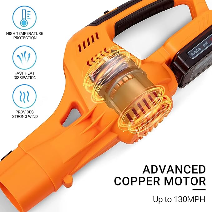 20V Cordless Leaf Blower with Battery and Charger, Leaf Blower Battery Operated, Rechargeable Electric Handheld Leaf Blower Variable Speed with 2 Tubes for Patio, Leaves Blowing-Orange - LeafyLoom