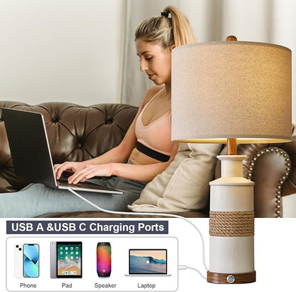 BOBOMOMO 24.5" USB A+C 3-Way Dimmable Touch Control Boho Table Lamp Set of 2 for Living Room Nightstand Beside Lamps for Bedroom(include two bulbs) - LeafyLoom