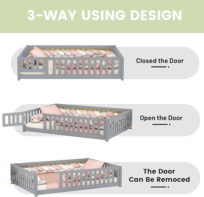 Multifunctional Full Size Floor Bed with Safety Guardrails and Door, Removable Wood Slats, Montessori Beds Frame for Toddlers, for Boys and Girls, Gray - LeafyLoom