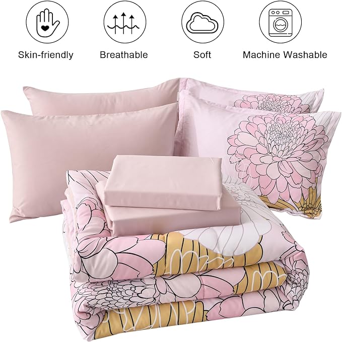 Yiran Bed in a Bag 7 Pieces Pink Colorful Floral Comforter Set Queen Size Soft Microfiber Bedding Set with Comforter,Sheets, Pillowcases & Shams 90"×90" - LeafyLoom