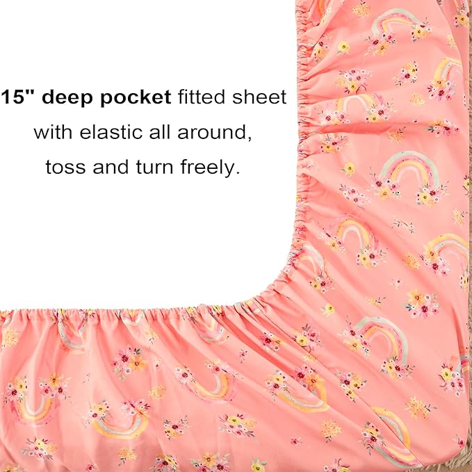 Mooreeke Full Size Comforter Sets for Girls Kids, 8 Pieces Bed in a Bag Pink Rainbow Flowers Bedding Comforter Sheet Set with Shams and Decorative Toy Pillow, Ultral Soft Microfiber Kids Bed Set - LeafyLoom