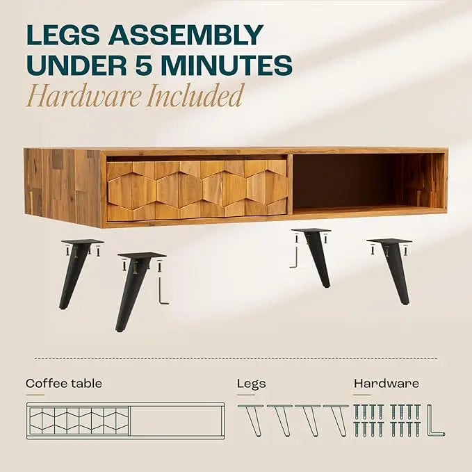 Bme Georgina Solid Wood Coffee Tables & Nightstands with Geometric Details, 2 Drawers - LeafyLoom