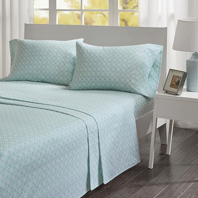 Comfort Spaces Cotton Flannel Breathable Warm Deep Pocket Sheets with Pillow Case Bedding, Full, Aqua Geo 4 Piece - LeafyLoom