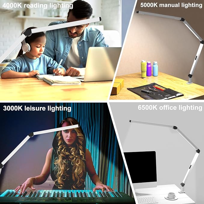 LED Desk Lamp with Clamp, Dual Light Table Lamp with Adjustable Swing Arm, Eye-Care 4 CCT Modes & 5 Brightness Levels Clip-on Table Light Architect Modern Desk Light for Home Office - LeafyLoom