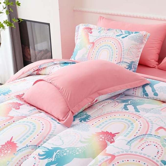 Twin Comforter Set for Girls, 6 Pieces Bed in a Bag, Colorful Unicorn Bedding Comforter Sheet Set, Ultra Soft and Fluffly, Pink & Rainbow Color, Colorful Bed in a Bag for Girls - LeafyLoom