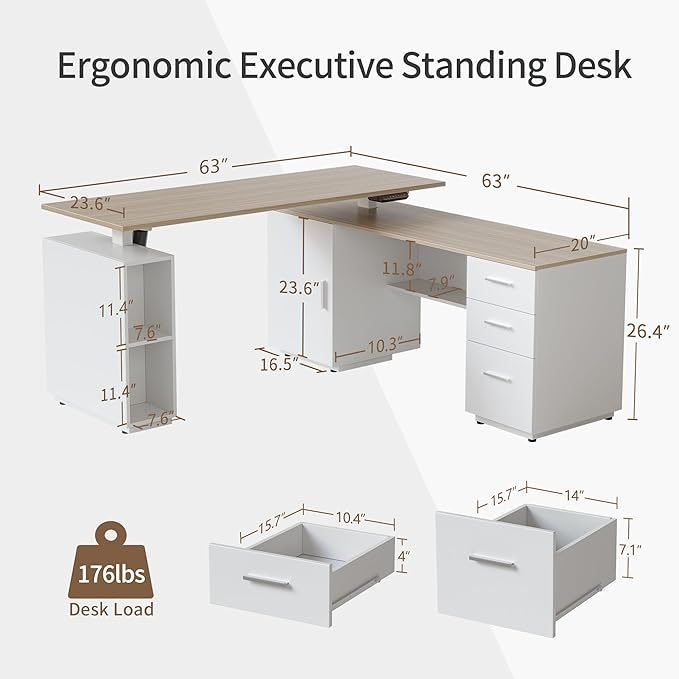 FEZIBO 63" L Shaped Executive Standing Desk with 3-Drawer File Cabinet, Electric Height Adjustable Stand up Desk for Home Office, Computer Desk with Storage Cabinets, White Frame Light Walnut Top - LeafyLoom